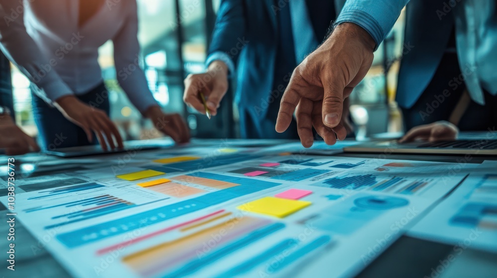 Strategic Business Planning: Team of Professionals Collaborating on Strategy Board with Charts and Post-it Notes Strategic Business Planning: Team of Professionals Collaborating on Strategy Board with Charts and Post-it Notes