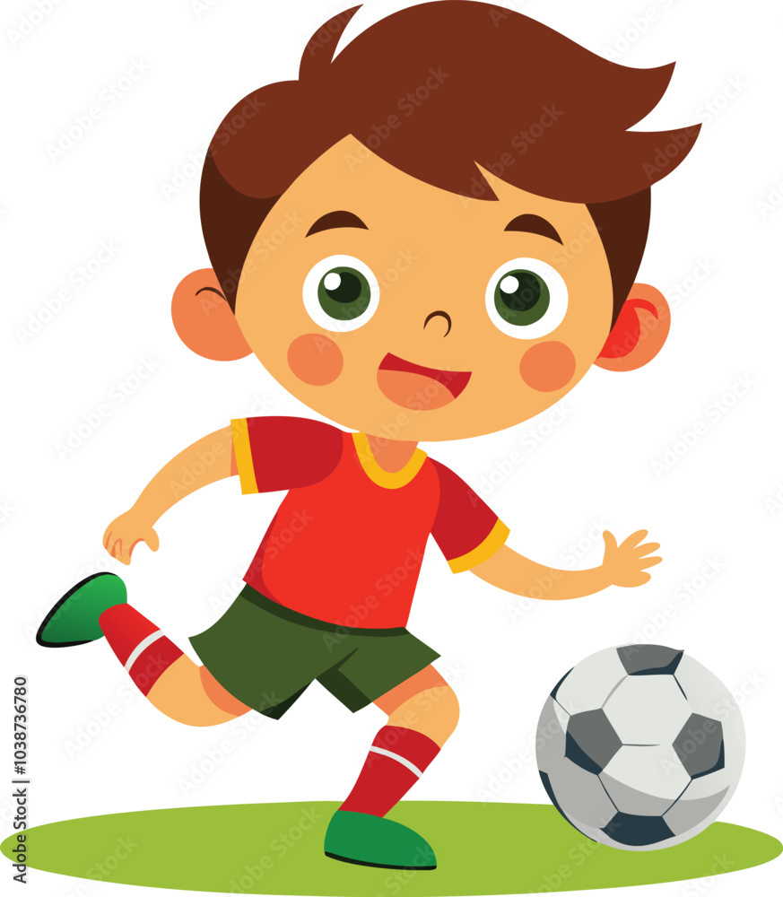 Soccer Dreams: A vibrant illustration of a young boy in a red and green soccer uniform, eyes gleaming with excitement as he kicks a soccer ball, capturing the joy and passion of youth sports. Soccer Dreams: A vibrant illustration of a young boy in a red and green soccer uniform, eyes gleaming with excitement as he kicks a soccer ball, capturing the joy and passion of youth sports.