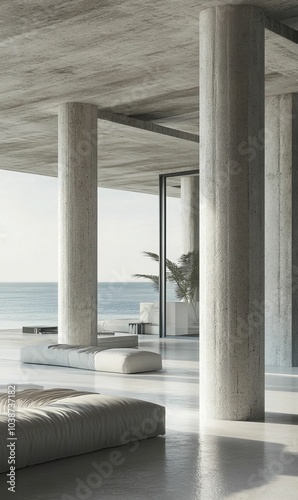 Concrete pillars, ocean view, minimalist design.