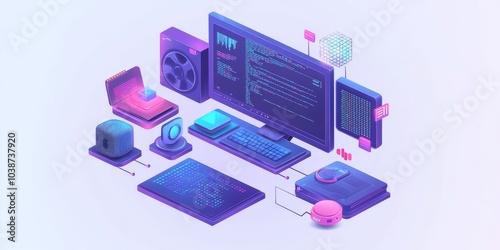 A web icon design showing different aspects of programming, including a computer, coding, data, and security.