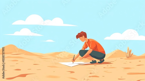 A young man sketching in the desert under a bright blue sky.