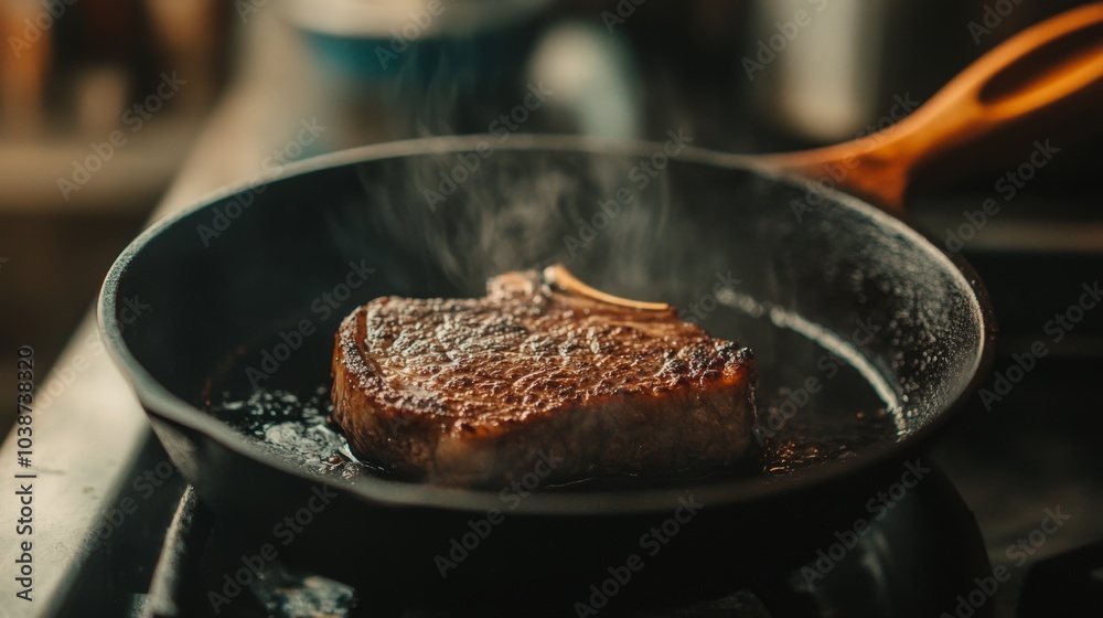 Fototapeta premium Juicy Steak Cooking in Frying Pan