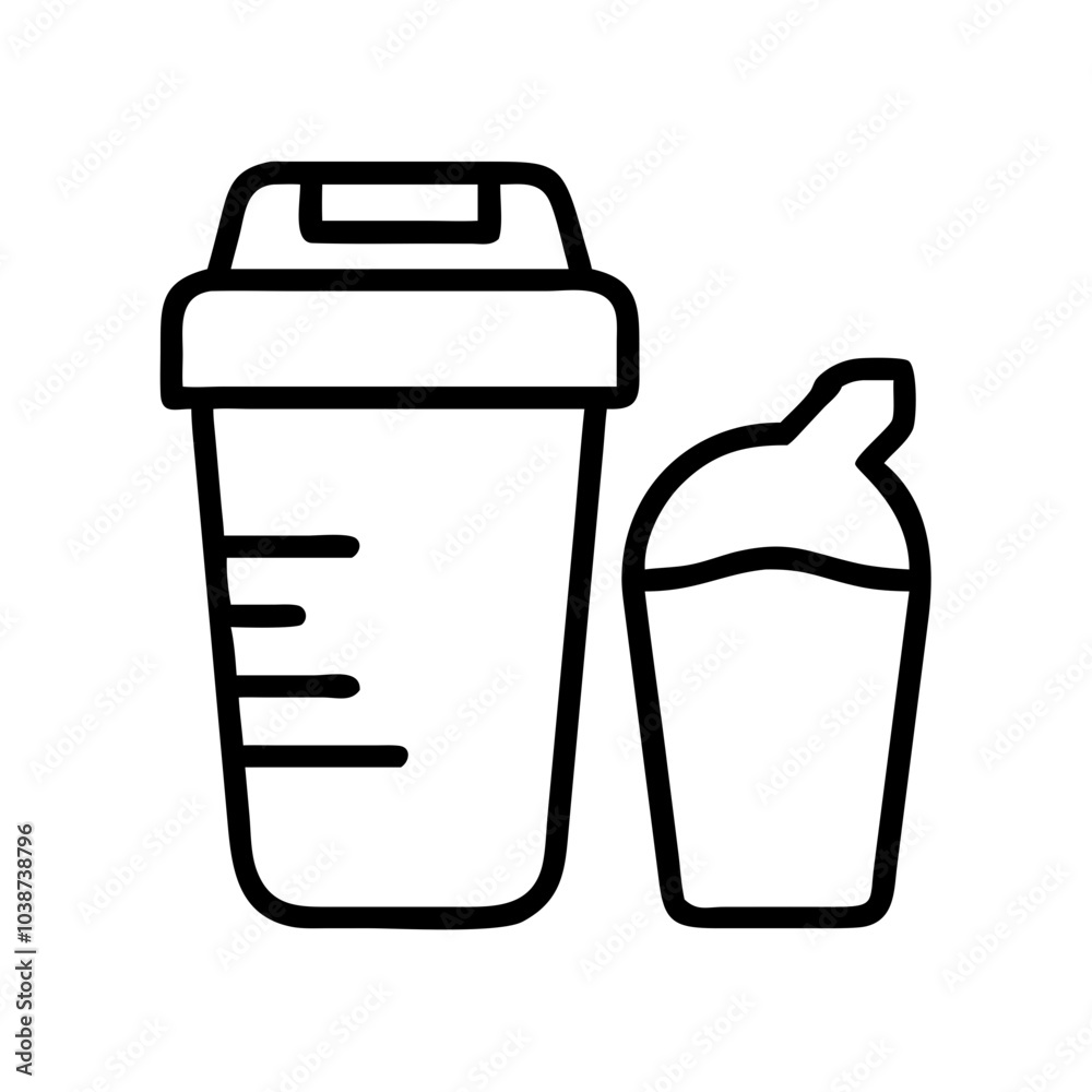 Icon of a protein shake and shaker bottle in black outline, representing fitness and nutrition Icon of a protein shake and shaker bottle in black outline, representing fitness and nutrition