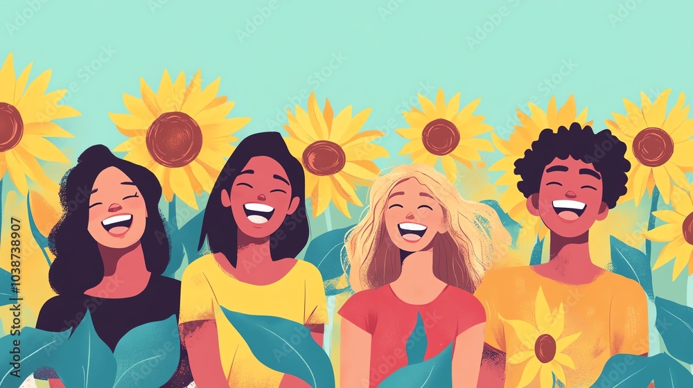 Diverse group of four women smiling in a sunflower field. Diverse group of four women smiling in a sunflower field.