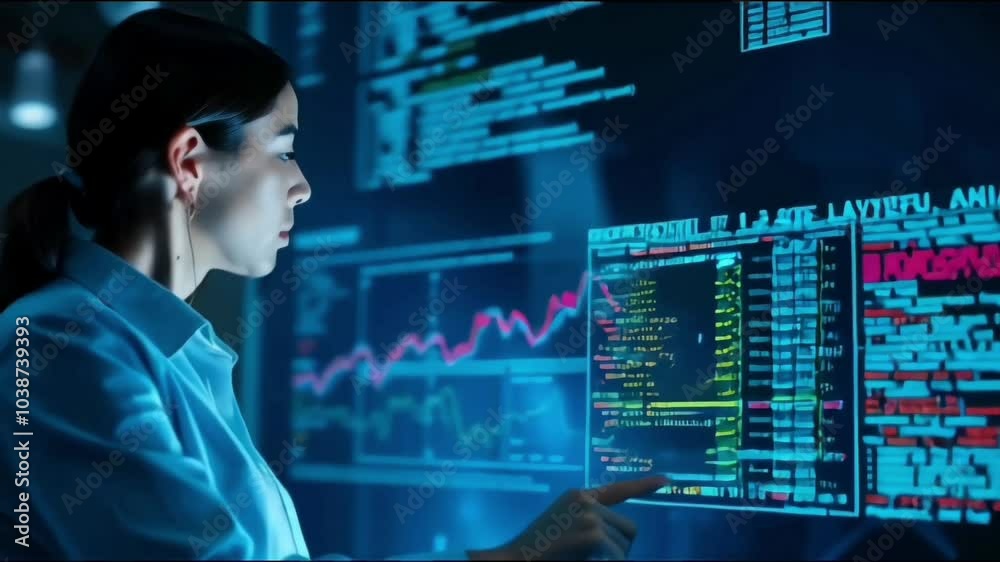 A woman specializing in data analytics and information technology works on coding a holographic display A woman specializing in data analytics and information technology works on coding a holographic display