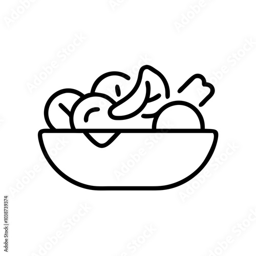 Salad icon featuring a bowl of fresh vegetables and fruits in black outline and modern design for healthy eating concepts