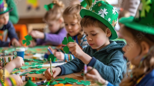 Children Crafting Paper Shamrocks at St. Patrick's Day Event with Green Decorations and Art Supplies photo