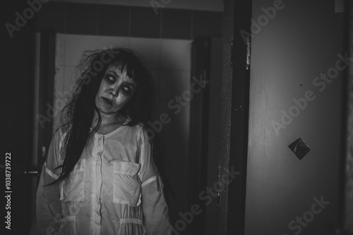 Portrait of asian woman make up ghost,Scary horror scene for background,Halloween festival concept,Ghost movies poster,angry spirit in the apartment