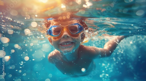 Cute smiling child having fun swimming and diving in the pool at the resort on summer vacation. Sun shines under water and sparkling water reflection. Activities and sports to happy kid