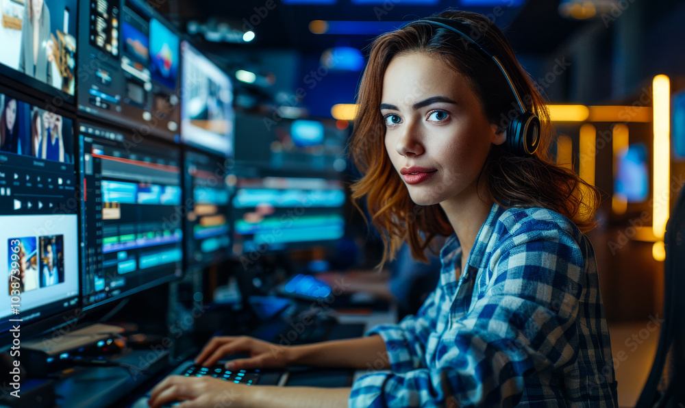 Creative Female Video Editor Working at Night in Modern Studio Editing Footage on Dual Monitors Wearing Headphones - Focused and Concentrated on Post-Production in a Contemporary Office Setting Creative Female Video Editor Working at Night in Modern Studio Editing Footage on Dual Monitors Wearing Headphones - Focused and Concentrated on Post-Production in a Contemporary Office Setting