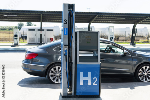 A hydrogen fueling station. Refueling car with hydrogen fuel photo