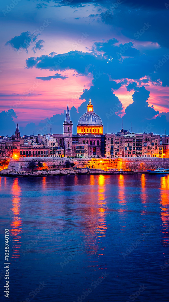 Fototapeta premium Valletta Skyline Illuminated by Sunset Glow, Reflections on Coastal Water, Historic Maltese Architecture, Dramatic Sky, Romantic Evening in Malta