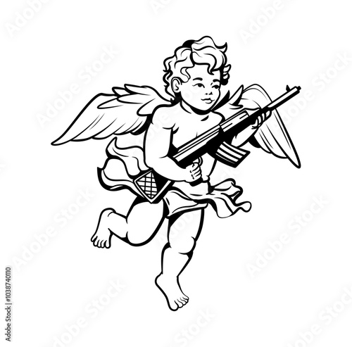 Angel Cupid with AK-47, gangster culture, street crime and dangerous life. Tattoo in underground crevice, street art. Cupid, Cupid with AK-47, crime. Vector illustration of street gangster tattoo