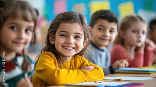 primary elementary school group of children studying in the classroom. learning and sitting at the desk. young cute kids smiling, high quality photo