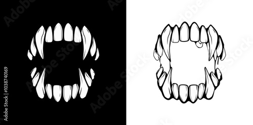 Monster jaw with sharp fangs, open mouth of vampire with sharp teeth and fangs. Aggressive grin, monster jaw. Brutalism tattoo art, aggression print. Vector illustration for typography, merch, t-shirt