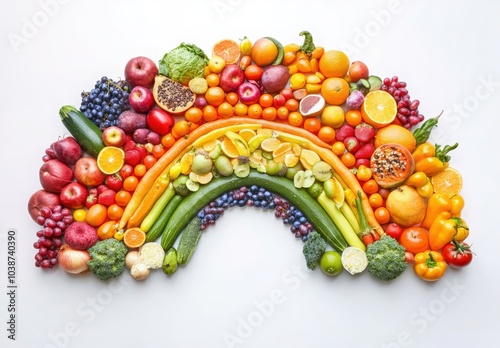 A vibrant arrangement of fresh fruits and vegetables creating a colorful rainbow display