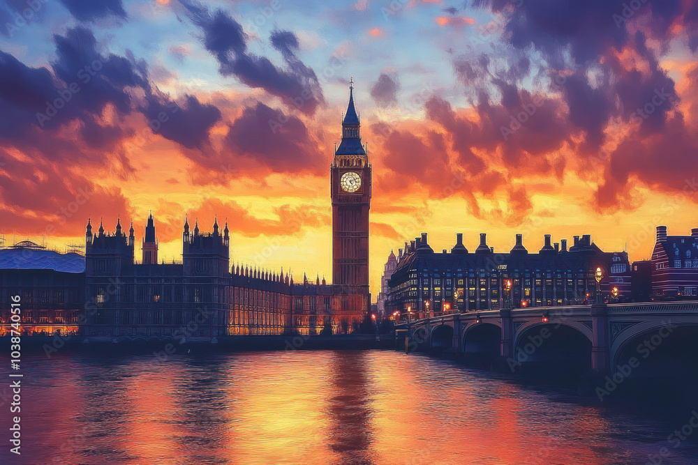 Fototapeta premium oil painting, london, United Kingdom. The UK city at sunset.
