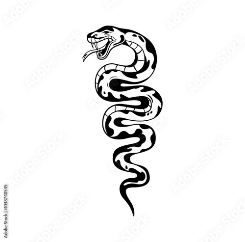 Black and white illustration of a venomous writhing snake vertical, symbolizing danger, crime, and underground tattoo culture. Snake represents power and rebellion. Vector illustration monochrome
