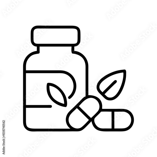 Vitamins icon with bottle and capsules, black outline, modern design, health illustration