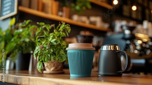 A vibrant cafe scene with a to-go cup made from plant-based materials, placed on a counter alongside a reusable coffee cup, promoting the use of sustainable packaging in everyday coffee consumption