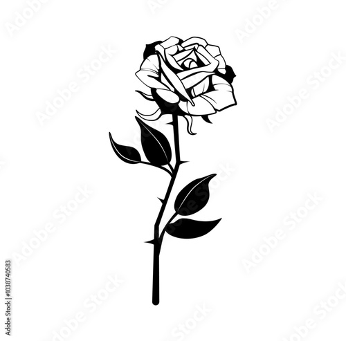 Isolated black rose on white background, symbolizing youth, often used in tattoo culture. Designed in a bold and elegant style, capturing the timeless meaning of the rose. Vector illustration
