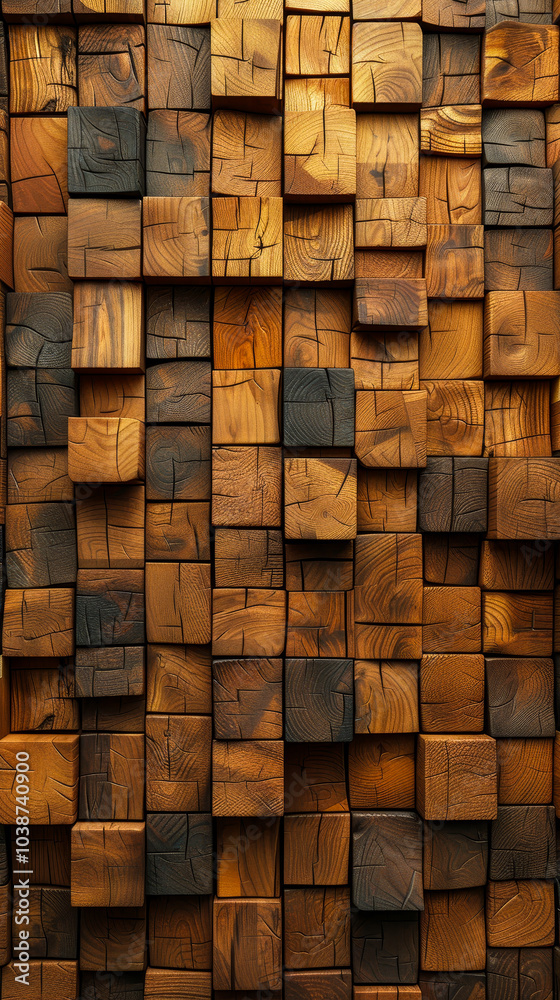 Fototapeta premium 3D Rendered Timber Wood Wall with Natural Square Block Tiles, Unique Geometric Pattern, Rustic Interior Design Background, Textured Wooden Surface for Modern Wall Decoration and Architectural Concepts