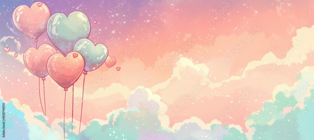 Playful Valentine's Day Banner with Cartoon Heart Balloons and Pastel Sky Playful Valentine's Day Banner with Cartoon Heart Balloons and Pastel Sky