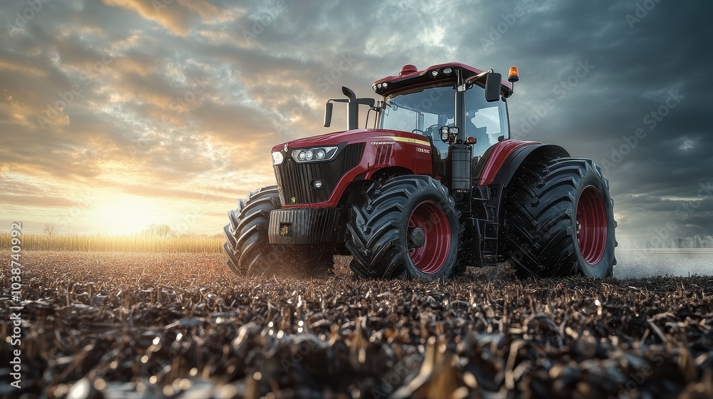 Fototapeta premium Red Tractor on the Field at Sunset – Photorealistic, High-Resolution Wide-Angle Photograph with Sharp Focus and High Detail 