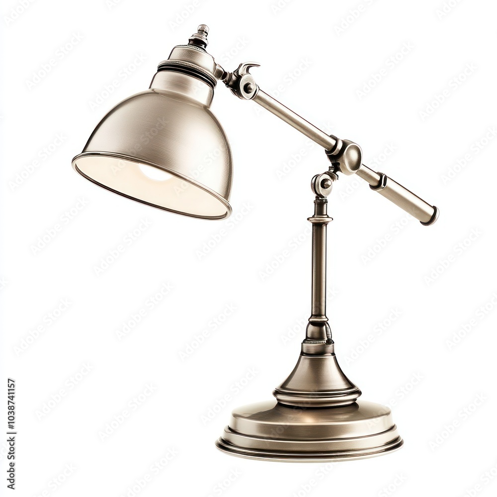 A stylish metallic desk lamp with an adjustable arm for focused lighting. A stylish metallic desk lamp with an adjustable arm for focused lighting.