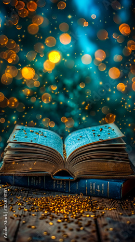 Magical Open Book with Glittering Gold Bokeh Lights Background, Evening Ambiance, Inspirational Reading, Enchanted Scene, Knowledge and Imagination Concept photo