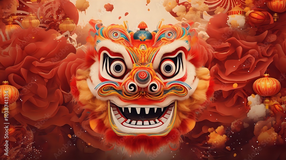 Fototapeta premium Colorful Lion Dance Mask with Festive Background