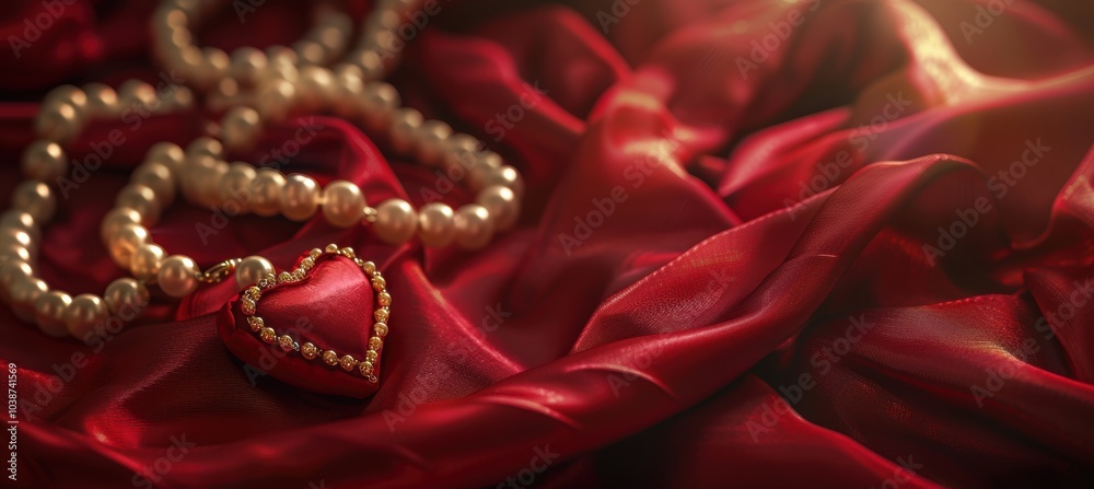 Luxurious Valentine's Day Banner with Pearl Necklace on Red Satin Heart Pillow Luxurious Valentine's Day Banner with Pearl Necklace on Red Satin Heart Pillow