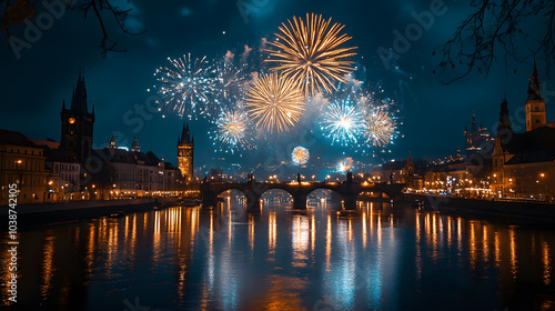 A photo of fireworks lighting up the sky over a bridge, with a river reflecting the lights as the background, during New Year's Eve