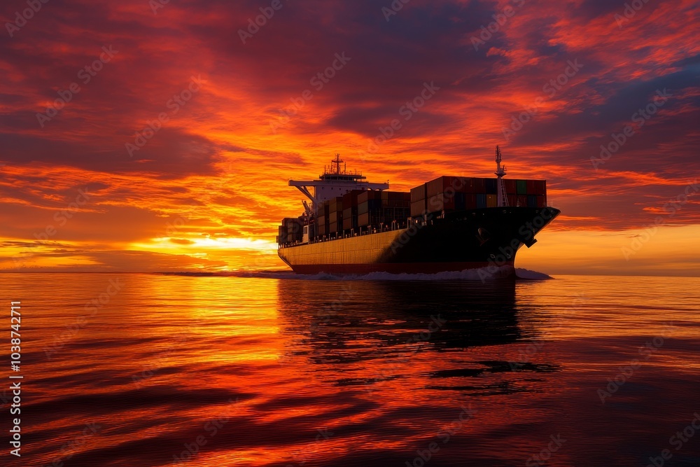 Fototapeta premium Large container ship sailing on the ocean at sunset