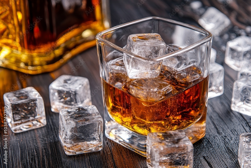 Glass of whiskey with ice on dark wooden surface Glass of whiskey with ice on dark wooden surface