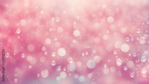 Soft pink background with glistening water droplets reflecting light in a dreamy atmosphere