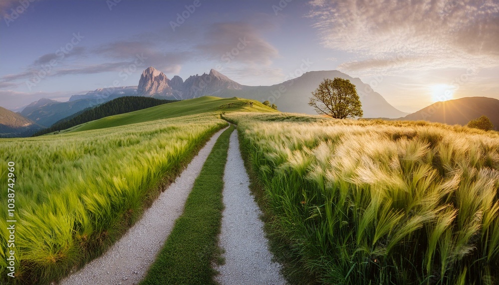 Scenic winding path through a field of green grass in the morning. Beautiful natural image Scenic winding path through a field of green grass in the morning. Beautiful natural image