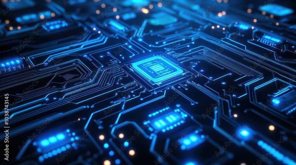 Abstract Digital Circuit Board Background with Glowing Blue Lines and Circuitry Abstract Digital Circuit Board Background with Glowing Blue Lines and Circuitry