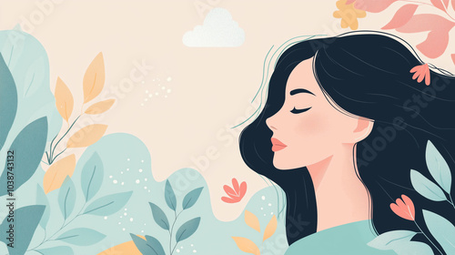 A serene woman in profile surrounded by soft flowers and greenery, reflecting tranquility and nature's beauty in a subtle pastel color palette