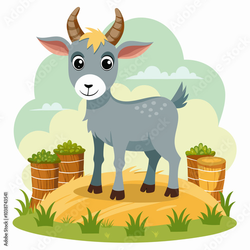 Goat standing on a bale of hay vector illustration