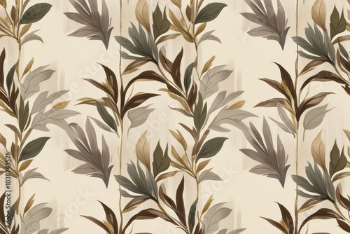 A luxury Japanese style seamless tile with exotic leaves pattern in soft brown and green. Continuous summer hawaiian fabrics background. Graphic foliage ornament pattern. Backdrop, fabric painting.