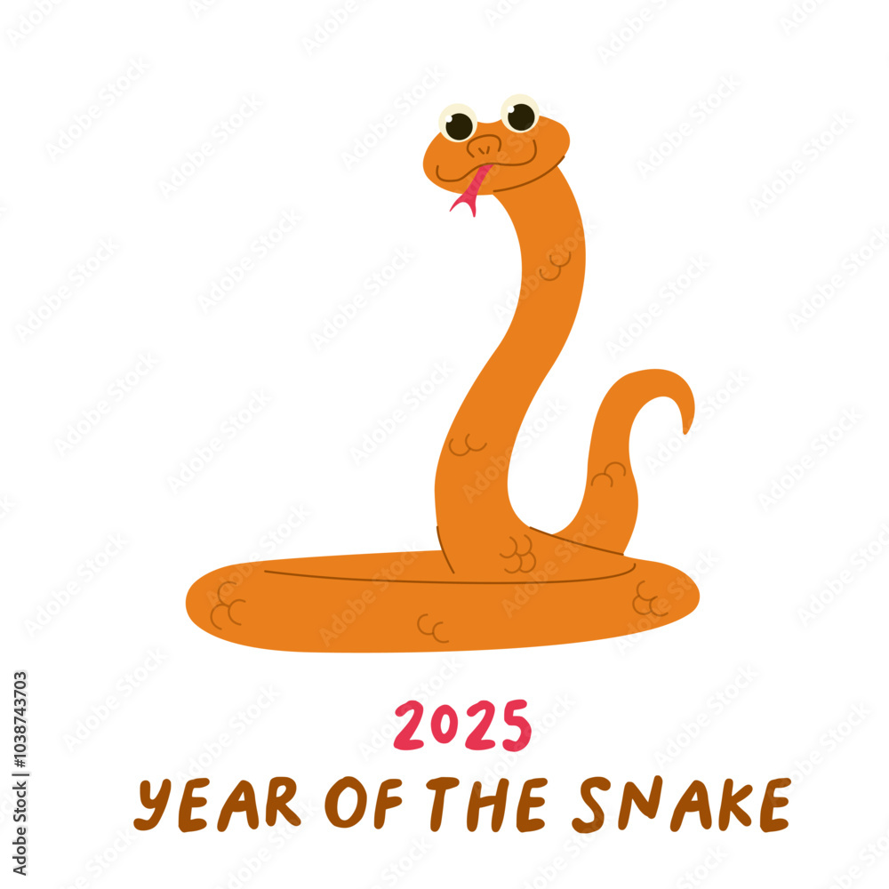 Happy Chinese new year 2025 greeting card with cute snake and phrase. Animal zodiac cartoon character. Vector illustration Happy Chinese new year 2025 greeting card with cute snake and phrase. Animal zodiac cartoon character. Vector illustration