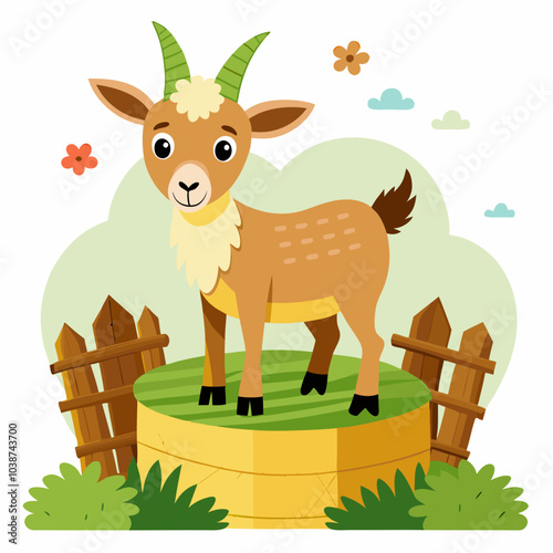 Goat standing on a bale of hay vector illustration