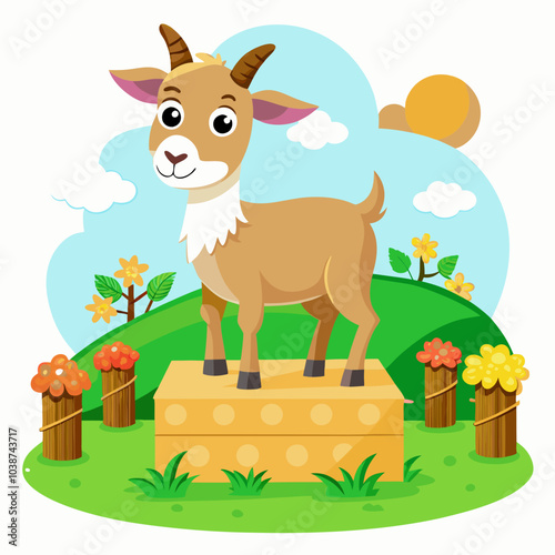 Goat standing on a bale of hay vector illustration