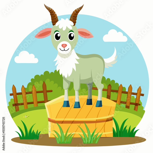 Goat standing on a bale of hay vector illustration