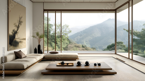 Zen Serenity: Minimalist Japanese Living Room with Mountain Vista photo