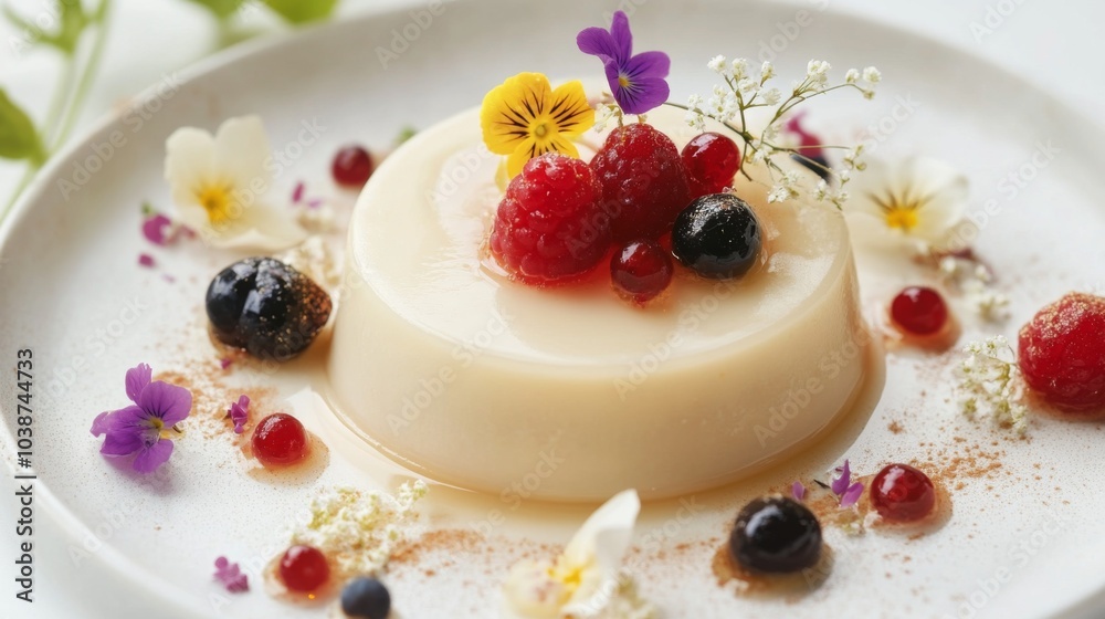 Elegant Panna Cotta with Fresh Berries and Edible Flowers Elegant Panna Cotta with Fresh Berries and Edible Flowers