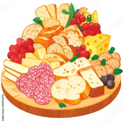 A colorful cheese and charcuterie platter featuring various breads, cheeses, fruits, and meats. photo