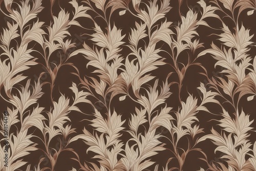 A luxury Japanese style seamless tile with exotic leaves pattern in light and dark brown. Continuous summer hawaiian fabrics background. Graphic foliage ornament pattern. Backdrop, fabric painting.