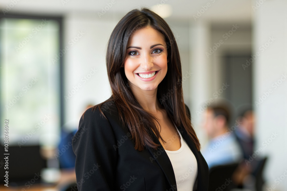 Happy businesswoman smiling in modern office with team working Happy businesswoman smiling in modern office with team working